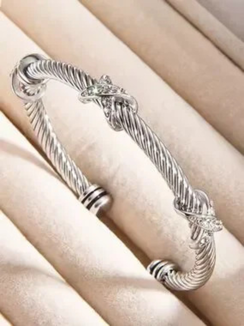 Silver Twisted Cable Cuff Bracelet with Crystal Accents